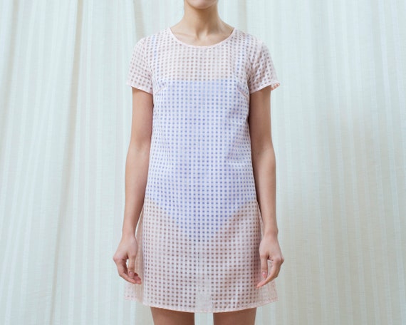 90s pink gingham sheer mini dress xs | see through