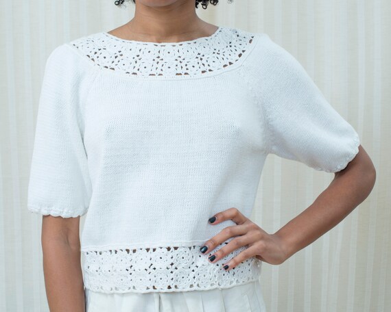 80s white crochet cropped sweater small | short s… - image 6