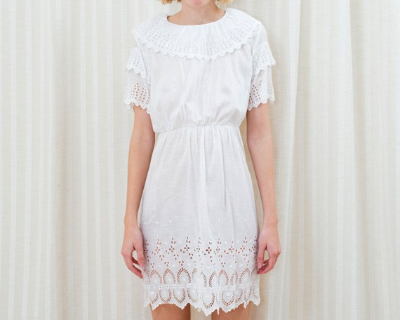 vintage 1920s white cotton dress xs | ruffle colla