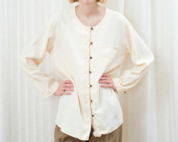 90s yellow linen blouse medium | minimalist cream… - image 3