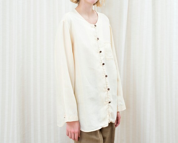 90s yellow linen blouse medium | minimalist cream… - image 4
