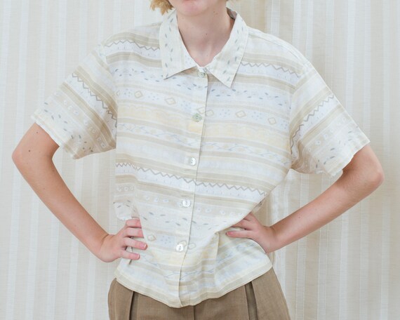 80s white linen striped boxy blouse | hippie prin… - image 3