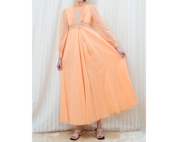 70s peach mockneck maxi dress | puff sleeve sheer