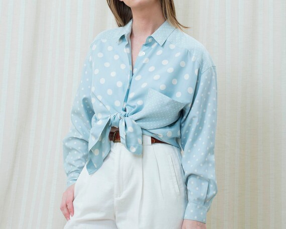 80s blue silk polka dot blouse medium | light blu… - image 10