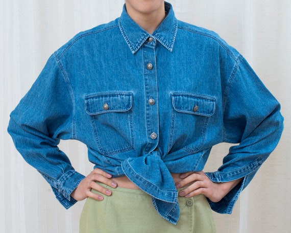 80s Denim Button Down Shirt Blue Jean Shirt Cotton Denim Collared Shirt  Oversized Boxy Jean Shirt Western Denim Shirt -  Canada