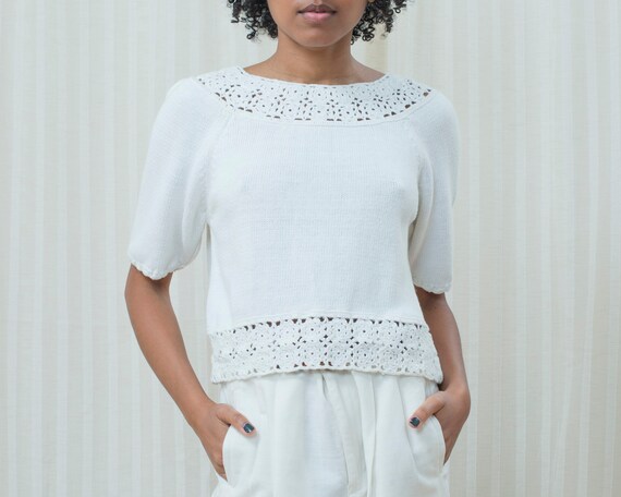 80s white crochet cropped sweater small | short s… - image 1