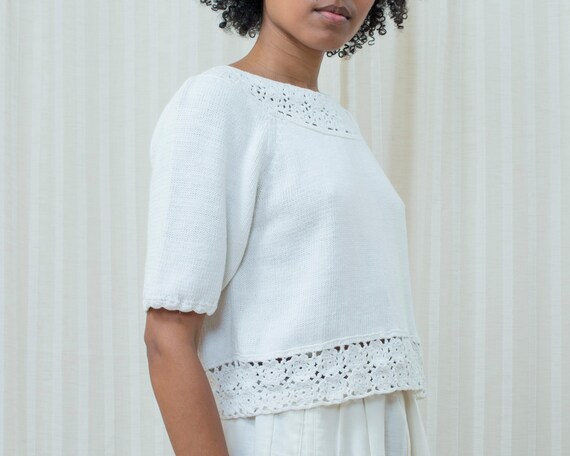 80s white crochet cropped sweater small | short s… - image 7