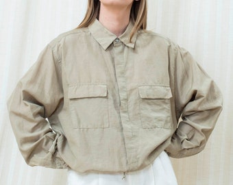 90s flax linen perry ellis blouse large | beige linen button down shirt | minimal drawstring waist collared shirt | minimalist khaki blouse