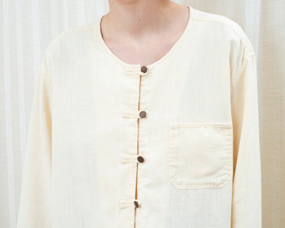 90s yellow linen blouse medium | minimalist cream… - image 2