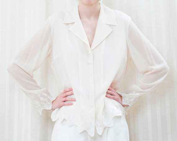 90s off white sheer lace blouse large | cream see