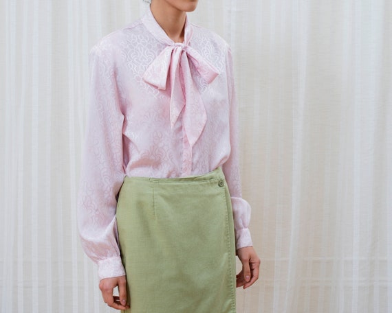 80s pink bow tie blouse | pale pink pussy bow puf… - image 3