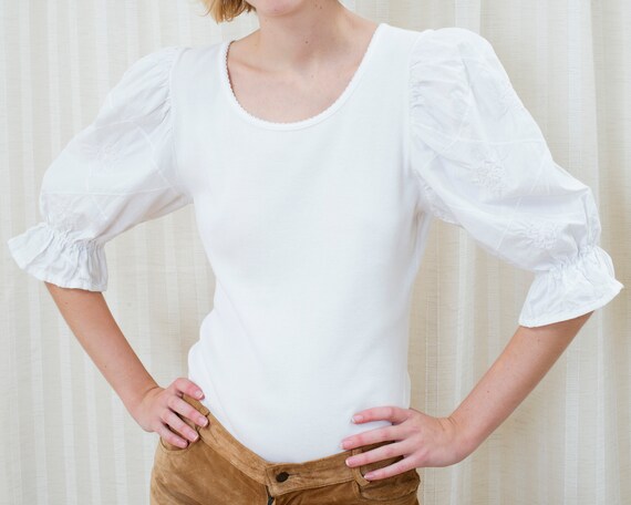 Blusa blanca de manga abullonada blusa popular crochet puffy