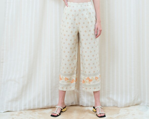 90s Silk Beige Printed Cropped Wide Leg 
