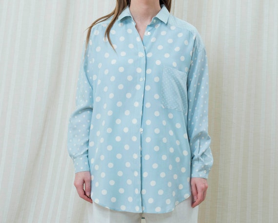 80s blue silk polka dot blouse medium | light blu… - image 2