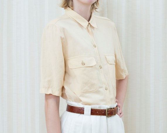 80s yellow linen short sleeve blouse medium | gio… - image 3