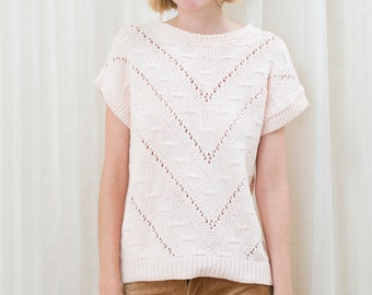 80s pink short sleeve sweater medium | openwork knit geometric powder pink minimalist sweater | minimal light pink cotton crewneck sweater