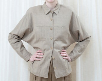 70s tan wool cashmere shirt jacket large | minimalist beige button down shirt | collared minimal taupe dolman sleeve blouse | boxy shirt