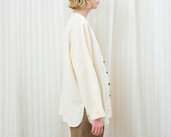 90s yellow linen blouse medium | minimalist cream… - image 5
