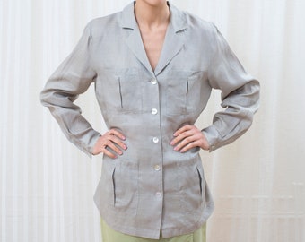 70s medium flax linen safari pocket blouse | sand tan linen button down shirt | oversized boxy patch pocket long blouse | neutral linen top
