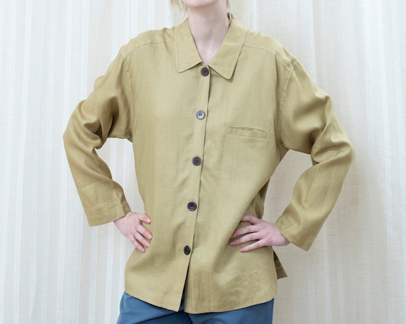 90s pale green linen blouse | light muted green bu