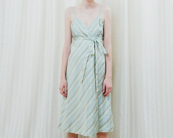 90s blue silk striped wrap dress | bow tie waist aqua stripe tea length dress | minimalist dress | minimal wrap around slip dress