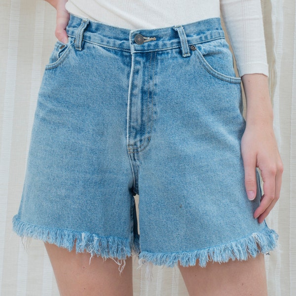 90s cut off jean shorts large 34 waist | high waist blue jean cut off denim shorts | frayed faded denim jorts | preppy jean shorts