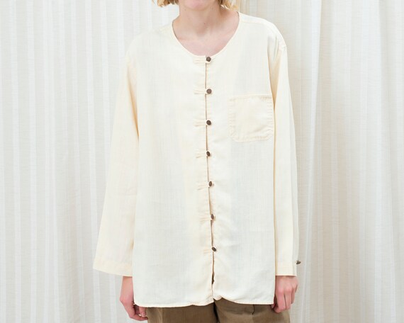 90s yellow linen blouse medium | minimalist cream… - image 1