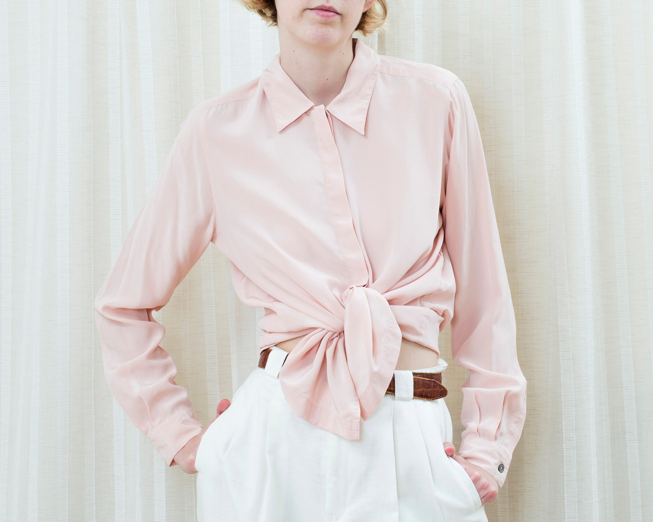 90s Light Pink Silk Blouse Powder Pink 