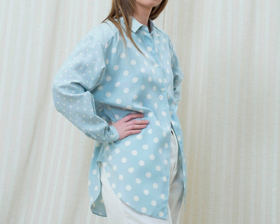 80s blue silk polka dot blouse medium | light blu… - image 5