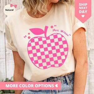Custom Teacher Shirt, Pink Trendy Teacher Appreciation Gift from Kids Retro Apple Teacher Name T Shirt Personalized Checkered Teacher TShirt