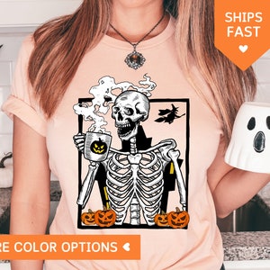 Halloween Skeleton Drinking Coffee Shirt, Halloween Skeleton Coffee TShirt For Mom, Coffee Lover Shirt For Women, Hot Coffee Skeleton Shirt