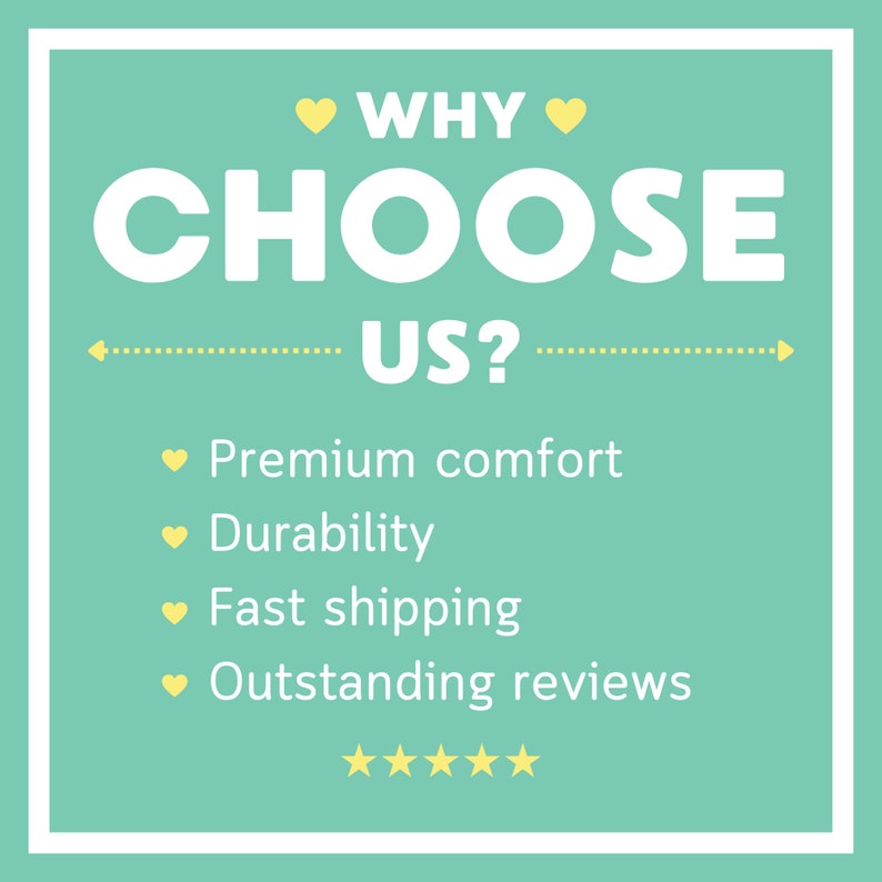 Puede incluir: Un gr&aacute;fico azul verdoso con el texto "WHY CHOOSE US?" en blanco. El texto est&aacute; rodeado de corazones amarillos. Debajo del texto hay una lista de razones para elegir la empresa, que incluyen "Comodidad premium", "Durabilidad", "Env&iacute;o r&aacute;pido" y "Opiniones sobresalientes". La lista est&aacute; seguida de cinco estrellas amarillas.