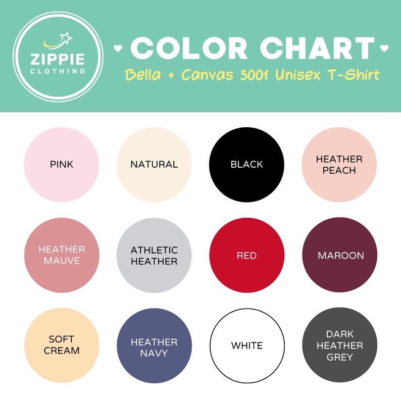 Puede incluir: Carta de colores para la camiseta unisex Bella + Canvas 3001 que muestra 12 opciones de colores diferentes: rosa, natural, negro, melocot&oacute;n jaspeado, malva jaspeado, jaspeado atl&eacute;tico, rojo, granate, crema suave, azul marino jaspeado, blanco y gris jaspeado oscuro.