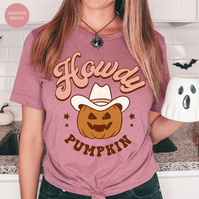 Howdy Pumpkin Shirt, Western Halloween TShirt, Cowgirl Party Tee, Retro Vintage Pumpkin T-Shirt, Cute Fall T Shirt for Women, Gift for Her image 2