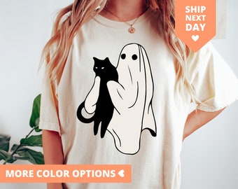 Ghost Holding Black Cat Halloween T-Shirt, Halloween Gift For Cat Owner, Funny Halloween Ghost TShirt, Ghost Cat Halloween T Shirt For Women