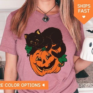 黒猫かぼちゃシャツ、黒猫ハロウィンシャツ、黒猫シャツ ヴィンテージハロウィン、不気味な季節シャツ、猫好きの方へのハロウィンギフト