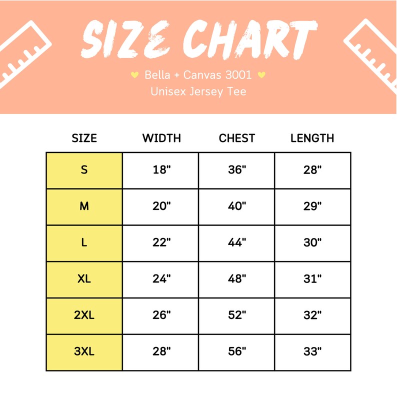 May include: Size chart for Bella + Canvas 3001 Unisex Jersey Tee. The chart shows sizes S through 3XL with corresponding width, chest, and length measurements in inches.
