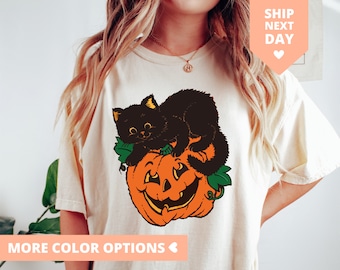 Vintage Halloween Shirt Funny Black Cat Pumpkin TShirt for Women Retro Halloween Tee Halloween Cat Lover T Shirt Halloween Pumpkin Shirt