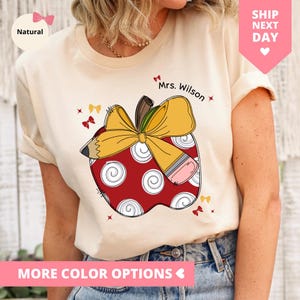 Apple Pencil Bow Teacher Shirt, Personalized Teacher TShirt, Custom Back to School T Shirt, Gift for Teacher First Day, Teacher Apple Tee
