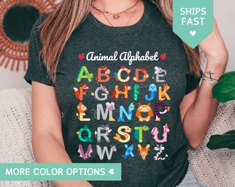 Camiseta do alfabeto animal, camisa do alfabeto feminina, camisa abc para professores, camisa de volta às aulas, professor de jardim de infância, presente do professor