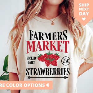 Bauernmarkt-Erdbeer-T-Shirt, Bauernmarkt-Hemd, Unterstützung lokales Bauern-Hemd, Erdbeer-Retro-Grafik-T-Shirt, süßes Sommer-Shirt