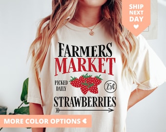 Bauernmarkt-Erdbeer-T-Shirt, Bauernmarkt-Hemd, Unterstützung lokales Bauern-Hemd, Erdbeer-Retro-Grafik-T-Shirt, süßes Sommer-Shirt