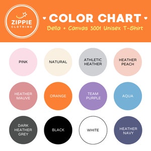 May include: Color chart for Bella + Canvas 3001 Unisex T-Shirt, showing 12 different color options: pink, natural, athletic heather, heather peach, heather mauve, orange, team purple, aqua, dark heather grey, black, white, and heather navy.