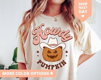 Howdy Pumpkin Shirt Western Halloween TShirt Cowgirl Party Tee Retro Vintage Pumpkin T-Shirt Cute Fall T Shirt for Women Gift for Her