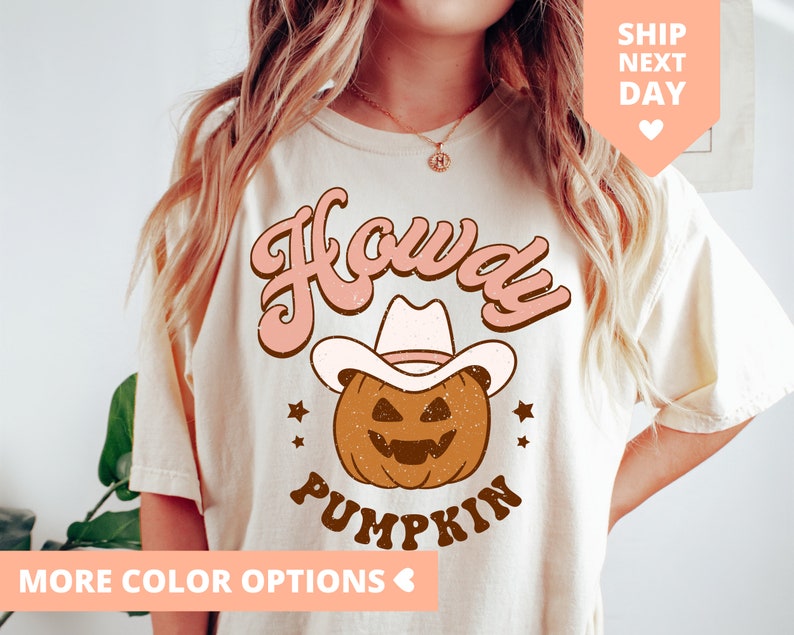 Howdy Pumpkin Shirt, Western Halloween TShirt, Cowgirl Party Tee, Retro Vintage Pumpkin T-Shirt, Cute Fall T Shirt for Women, Gift for Her image 1