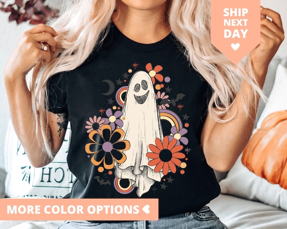 Retro Halloween Ghost Shirt, Flower Ghost Sketch TShirt, Vintage Ghost Halloween T-Shirt, Witch T Shirt, Retro Fall Shirt, Cute Fall Tee