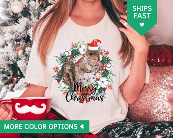Christmas Squirrel Shirt, Merry Christmas Lights T-Shirts, Funny Christmas TShirt, Christmas Womens Party Tee Gift for Her, Xmas Lights Tee