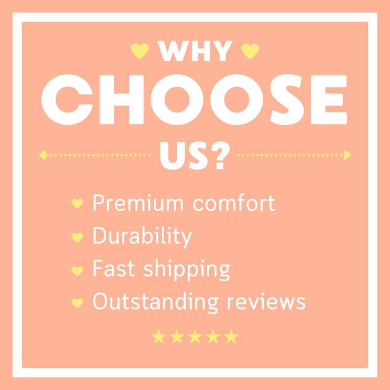 May include: A peach-colored graphic with white text that reads "WHY CHOOSE US?" with a dotted line below.  The text "Premium comfort", "Durability", "Fast shipping", and "Outstanding reviews" are listed below with a yellow heart icon next to each. Five yellow star icons are below the list.