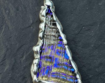 Purple + Blue Iridescent Triangle Stained Glass Pendant | Brutalist Geometric Handmade Wearable Art + Vaporwave Fashion