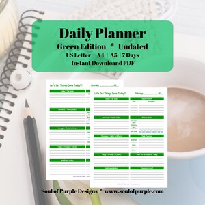 Planificador diario - Edición verde (sin fecha) / Objetivos diarios / Planificador de comidas / Tamaños: Carta/A4/A5 / Imprimible